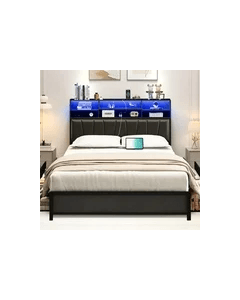 LED Queen Size Bed Frame with High Storage Headboard